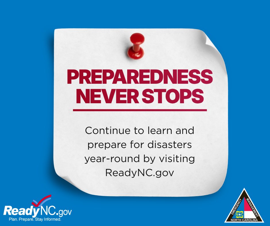 NCEmergency's tweet photo. National Preparedness Month may be ending, but preparedness never stops! Thank you for joining us in building a #ReadyNC. Continue your journey at https://t.co/KXgXUXWiCc– your year-round resource for staying safe and prepared.   

¡Puede que el Mes Nacional de la Preparación esté terminando, pero la preparación nunca se detiene! Gracias por acompañarnos para construir una Norte Carolina lista #ReadyNC. Continúe su camino de aprendizaje en https://t.co/KXgXUXWiCc, su recurso durante todo el año para mantenerse seguro y preparado.