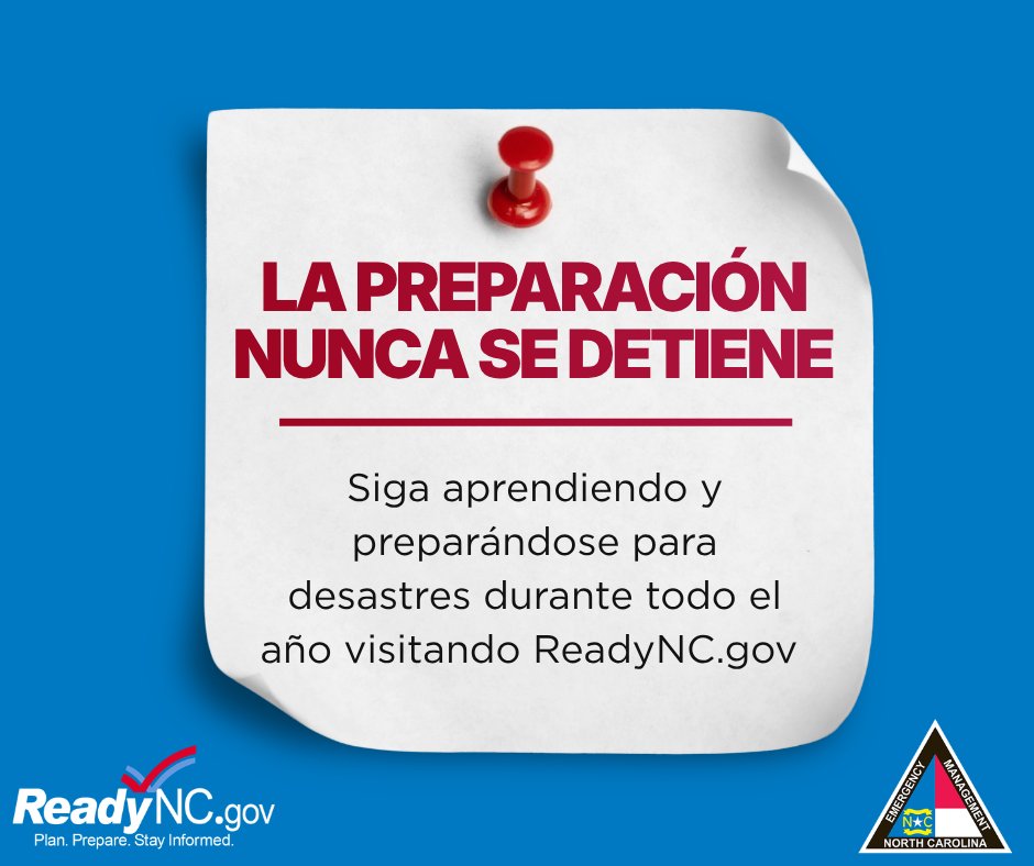 NCEmergency's tweet photo. National Preparedness Month may be ending, but preparedness never stops! Thank you for joining us in building a #ReadyNC. Continue your journey at https://t.co/KXgXUXWiCc– your year-round resource for staying safe and prepared.   

¡Puede que el Mes Nacional de la Preparación esté terminando, pero la preparación nunca se detiene! Gracias por acompañarnos para construir una Norte Carolina lista #ReadyNC. Continúe su camino de aprendizaje en https://t.co/KXgXUXWiCc, su recurso durante todo el año para mantenerse seguro y preparado.