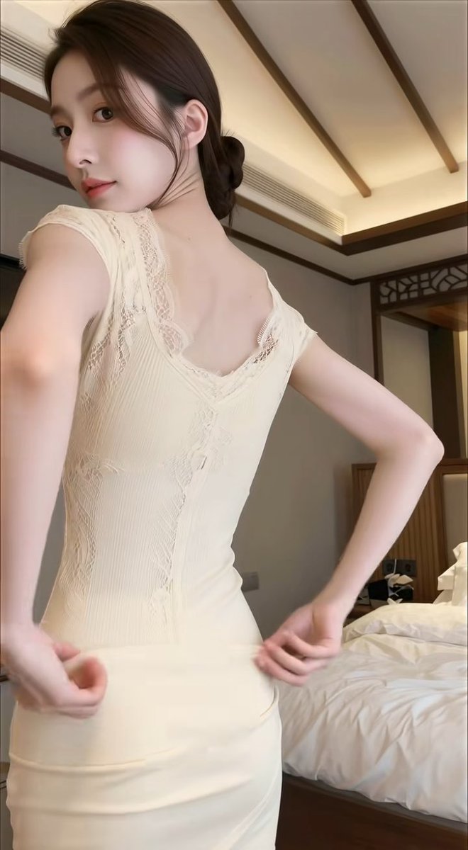A young woman with dark hair in a low bun poses in a cream-colored lace-trimmed dress, looking back over her shoulder in a bedroom with wooden ceiling beams and a bed in the background.