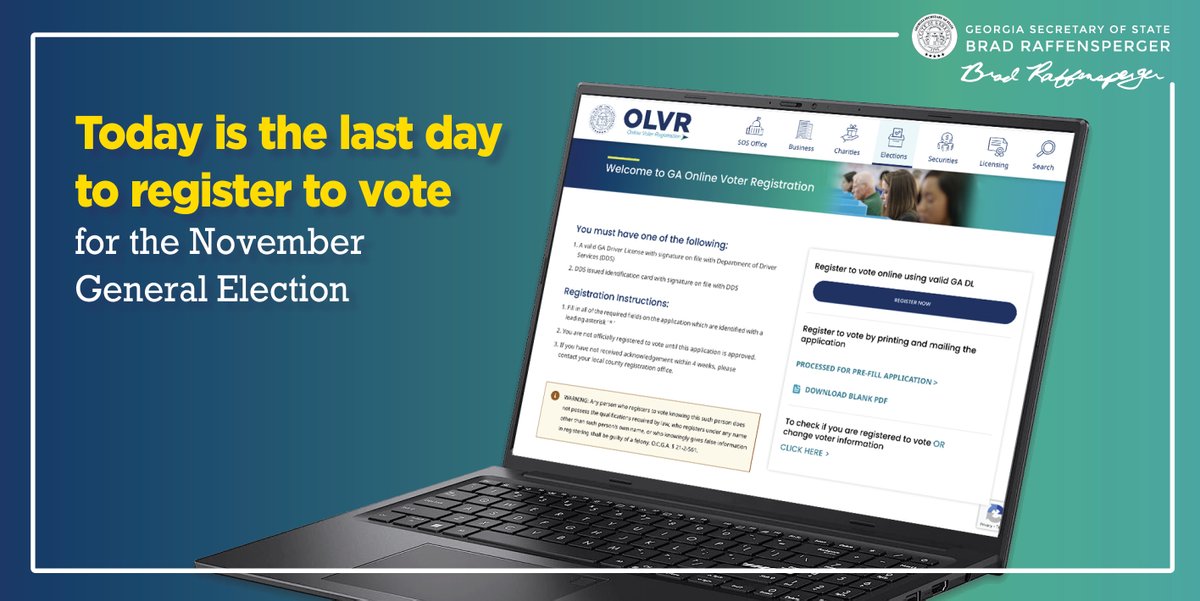 GaSecofState's tweet photo. Today is the last day to register to vote! 

Register now using Georgia’s Online Voter Registration Tool on the My Voter Page: https://t.co/Uj6bwd1Nfs https://t.co/fJAQEO3FdO