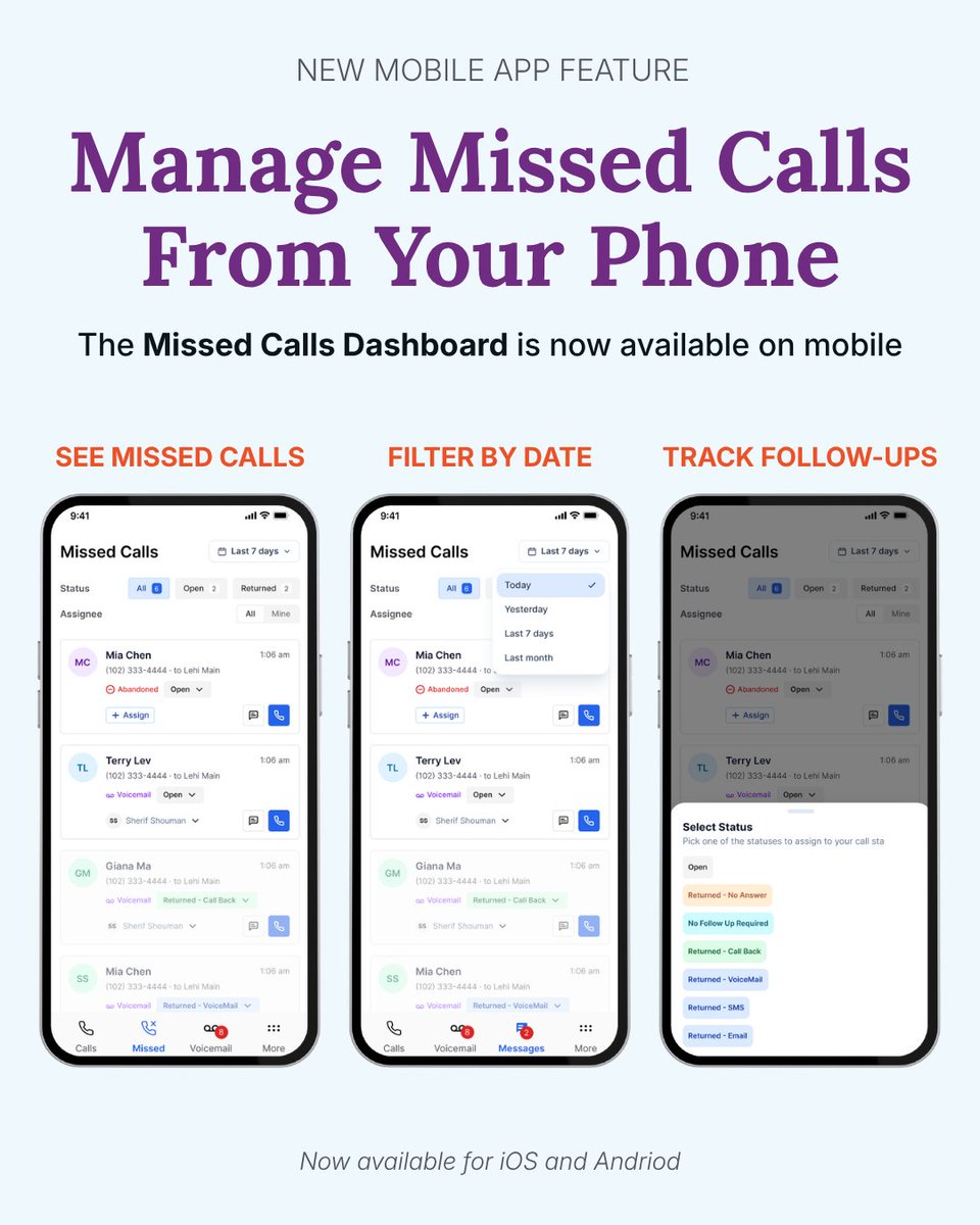 mangovoice's tweet photo. The Missed Calls Dashboard is now available in the Mango Voice mobile app, giving your team an easy way to see missed calls, assign follow-ups, track status, listen to voicemails, read transcripts, and call or text back, all from your phone.
#MangoVoice #MangoVoiceUpdates https://t.co/MTd4L7GLj7