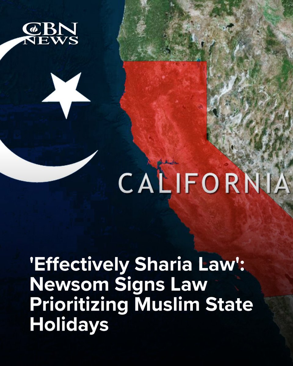 CBNNews's tweet photo. California has now officially recognized two Islamic holidays as state holidays. Critics argue that recognizing these Muslim holidays in this manner puts Islamic traditions on a special tier above Christian and Jewish holidays.  

"The state of California doesn't honor any other religion (with state holidays),"  Rabbi Michael Barclay said.  "But now suddenly they're kowtowing and catering to what is effectively Sharia law."

FULL STORY: https://t.co/qwAts2jCPE