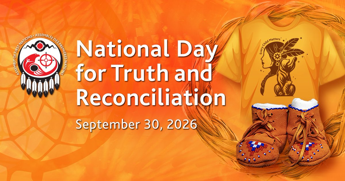 AFN_Updates's tweet photo. Today, on the National Day for Truth and Reconciliation, we honour Survivors of residential schools, the children who never returned home, and the families and communities who carry their memories and experiences forward.
 
Truth must come before reconciliation. It requires accountability and a commitment to addressing the ongoing impacts of colonialism and the residential school system.
 
Reconciliation is a shared responsibility. The AFN calls on all Canadians to learn the truth, listen to Survivors, uphold First Nations rights, and take meaningful steps toward reconciliation. 
 
Learn more: https://t.co/8aI8k9uW9D
 
#OrangeShirtDay #NDTR #EveryChildMatters
