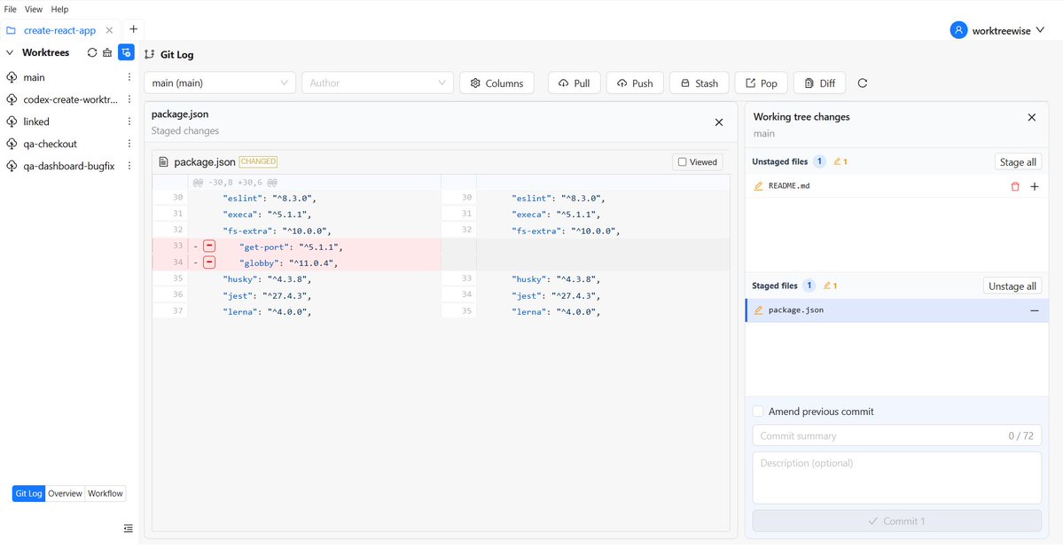 WorktreeWise_'s tweet photo. Reviewing file diffs before staging in WorktreeWise: inspect uncommitted changes directly in the built-in commit workspace.
https://t.co/bbQhHhOcPy
#Git #CodeReview #Programming #WebDev https://t.co/6LbvwXGByp