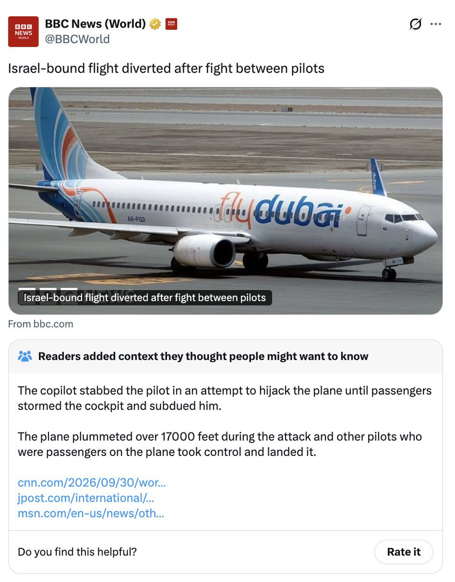 antisemitism's tweet photo. A “fight between pilots” is an interesting way to describe an attempted hijacking that is being treated as a Jihadist terrorist attack.

But then, the BBC can’t acknowledge that Hamas are terrorists, so it’s doubtful they know what terrorism actually looks like – at least when it targets Jews.

It’s no wonder that our polling shows 92% of British Jews consider the BBC’s reporting of matters of Jewish interest to be unfavourable.

Perhaps if the BBC didn’t seem to try to downplay every incident in which Jews are targets, that figure wouldn’t be so high.