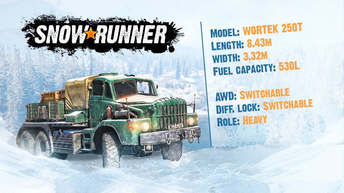 PlaySnowRunner's tweet photo. Meet the 1st truck of SnowRunner's Season 19: the Wortek 250T! 🚛  
This versatile Heavy truck will be a great ally on snowy maps, despite the sad-look on its face!

Boasting one of the largest fuel tanks in the game and plenty of modular addons, build it the way you need. ❄️ https://t.co/5Ad5je2kfp