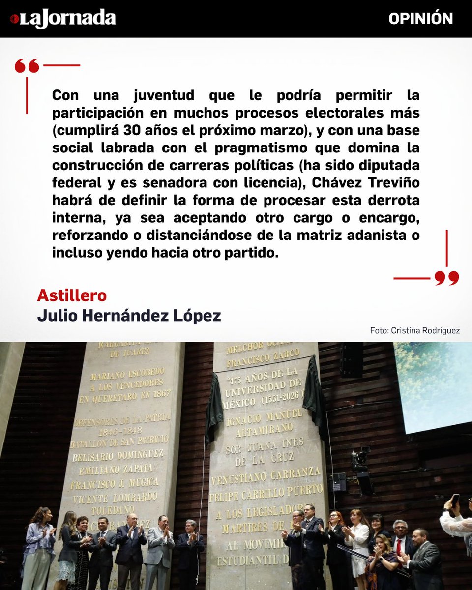 LaJornada's tweet photo. #Astillero, columna de @julioastillero

La Presidenta de México habría visto reducirse de manera ruidosa su margen de acción política eficaz si en Chihuahua la virtual candidatura morenista al gobierno hubiera quedado en Andrea Chávez Treviño, entendida la senadora con licencia como carta promovida y defendida por Adán Augusto López Hernández, el retador tabasqueño que ha tratado de hacerse sentir como operador transexenal por fuera e incluso en contra de los proyectos políticos, legislativos y electorales de Palacio Nacional.

Más información en: https://t.co/zRRr7ZbL3Q