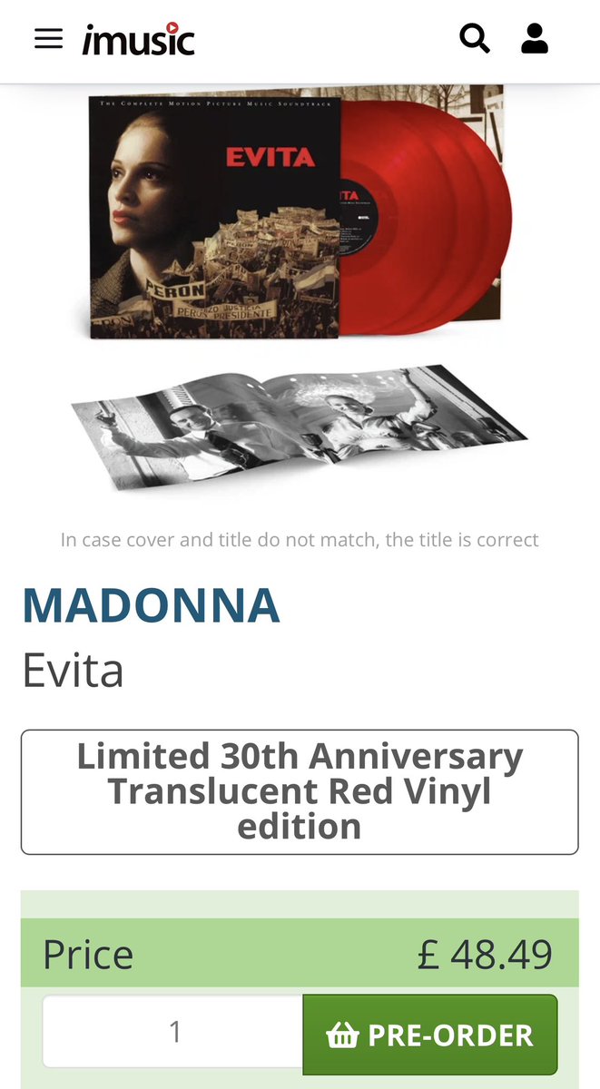 MadonnaM4nia's tweet photo. #evita 30th Anniversary triple vinyl and CD appear to be available to pre-order but it has not appeared in #WarnerMusicStore or #madonnastore yet … just this link. Does anyone have any more details? 

https://t.co/fgIupWuyCv https://t.co/ErGQ6oMI7w