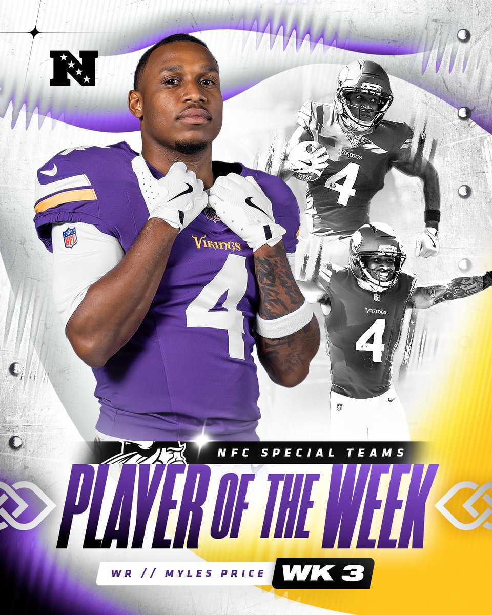 Vikings's tweet photo. Another award for the Special Teams crew 🏆

@Myles_price3 has been named NFC Special Teams Player of the Week.

📰: https://t.co/bxzp46d4O7 https://t.co/XeOAgiTQoX
