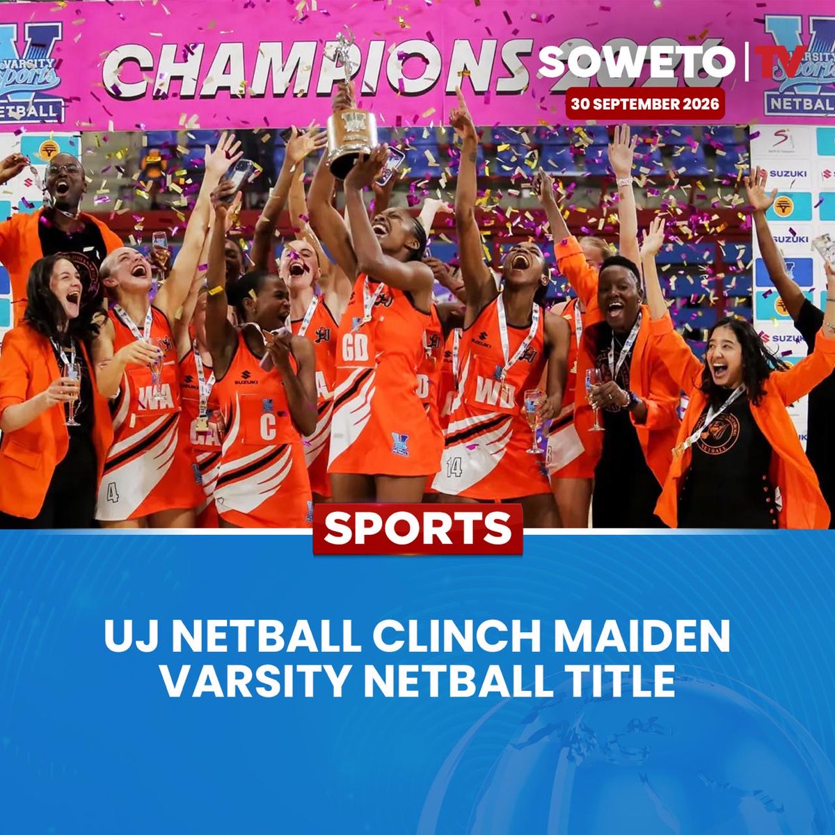 SowetoTVchannel's tweet photo. UJ has won its maiden Varsity Netball title after defeating North-West Eagles 56-44 in Mahikeng.
Published: 30 September 2026
Image credits: Newsnote
#SowetoTV #SowetoTVNews #UJNetball #UniversityOfJohannesburg #VarsityNetball #Netball #BongiweMsomi #UJ #SportsNews https://t.co/INwvntpja5