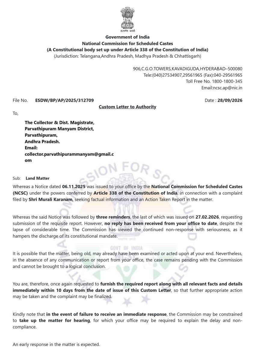 KONDAPURAM369's tweet photo. @collectormanyam @JC_Manyam @NCSC_GoI
The Criminal Complaint-cum-Affidavit dated 13.06.2026, emailed 15.06.2026, asked one thing: verify the six Possession Certificates from original records and decide the complaint.

Tahsildar Palakonda has now answered part of that prayer.

Rc. No. 519/2026 dated 29.09.2026 to the Sub-Collector, copy to the Collector, citing that 15.06.2026 application:

👉No office file, no field report supporting the six certificates.
👉Rc.55, 56, 57/2022/B dated 10.02.2022 name a district born on 04.04.2022 - not issued from this office.
👉Sy. No. 20/4 is inalienable burial-ground poramboke (LPM 10).
👉Cancellation recommended on Sy.Nos.18/2 and 20/4.
𝗧𝗵𝗮𝘁 𝗶𝘀 𝘀𝘁𝗶𝗹𝗹 𝗼𝗻𝗹𝘆 𝗮 𝗿𝗲𝗰𝗼𝗺𝗺𝗲𝗻𝗱𝗮𝘁𝗶𝗼𝗻. 
👉SP C. No. 15/D1/DCRB/PVP-M/2026 said police would act if criminality surfaced. 
👉Collector Rc.1254/2025/E3 dated 02.07.2026 asked for an immediate report. 
👉NCSC File ESDW/BP/AP/2025/312709 has given 10 days from 28.09.2026.
𝗖𝗼𝗻𝘃𝗲𝗿𝘁 𝘁𝗵𝗶𝘀 𝗳𝗶𝗻𝗱𝗶𝗻𝗴 𝗶𝗻𝘁𝗼 𝗮 𝘀𝗽𝗲𝗮𝗸𝗶𝗻𝗴 𝗼𝗿𝗱𝗲𝗿. 
👉Decide the 13.06.2026 complaint. 
👉Copy the complainant and the Commission.

https://t.co/rMvW6mS6ZW #KondapuramAsks