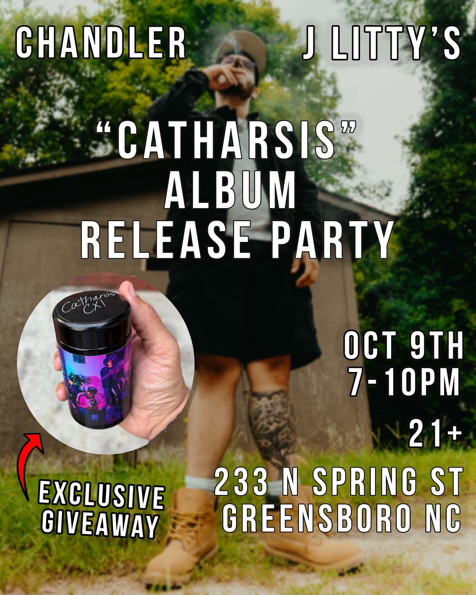 chandler3377's tweet photo. Next Friday (10/9/26)

We’re having an Album release party for my new Album and Strain “Catharsis”

Pull Up At @jlittysshop n have a great time wit us next week n a lucky few will even win some jars 🔥 https://t.co/TD7LA9MIdz