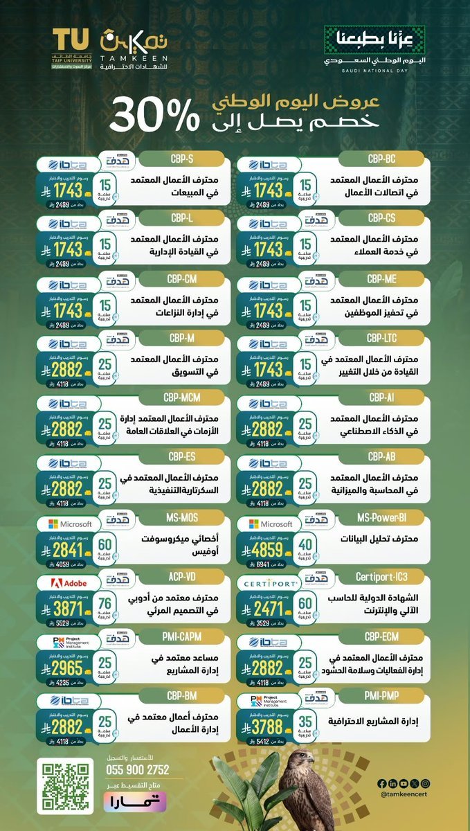 WadhefaDotCom's tweet photo. لاتفوت فرص تطويرك في عروض #اليوم_الوطني_السعودي_٩٦ 🇸🇦 المقدمة من #جامعة_الطائف. 

جامعة الطائف تقدم أقوي عروض على جميع الشهادات الإحترافية بخصم يصل الى 30٪ حتى نهاية شهر سبتمبر

✅ الرسوم تشمل التدريب والإختبار الدولي
✅ إمكانية تقسيط الشهادات عبر تمارا
✅ شهادات احترافية مطلوبة في سوق العمل ولجميع التخصصات

اغتنم فرصتك مع أقوى خصومات العام وطوّر مهاراتك بشهادات تُعزز فرصك الوظيفية، وكن مستعدًا للمنافسة في سوق العمل.

سجل الآن : https://t.co/dllCRZyV2f 

التفاصيل: https://t.co/KNiKK1lRmU
