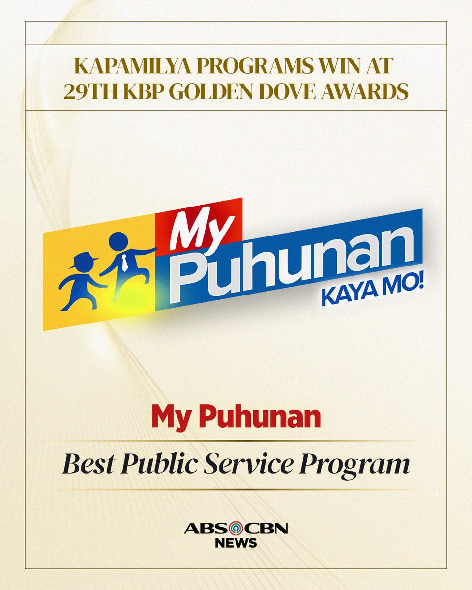 ABSCBNNews's tweet photo. PARA SA INYO 'TO, KAPAMILYA!

Kinilala ang ilang programa ng ABS-CBN sa 29th KBP Golden Dove Awards. https://t.co/VKvJgh1bNp