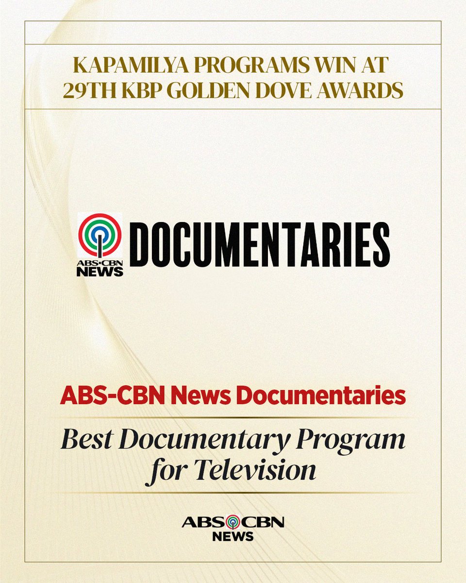 ABSCBNNews's tweet photo. PARA SA INYO 'TO, KAPAMILYA!

Kinilala ang ilang programa ng ABS-CBN sa 29th KBP Golden Dove Awards. https://t.co/VKvJgh1bNp