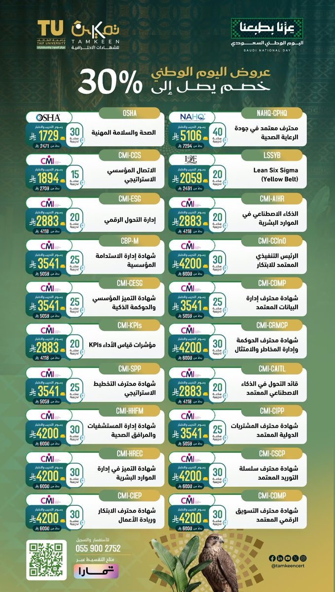 WadhefaDotCom's tweet photo. لاتفوت فرص تطويرك في عروض #اليوم_الوطني_السعودي_٩٦ 🇸🇦 المقدمة من #جامعة_الطائف. 

جامعة الطائف تقدم أقوي عروض على جميع الشهادات الإحترافية بخصم يصل الى 30٪ حتى نهاية شهر سبتمبر

✅ الرسوم تشمل التدريب والإختبار الدولي
✅ إمكانية تقسيط الشهادات عبر تمارا
✅ شهادات احترافية مطلوبة في سوق العمل ولجميع التخصصات

اغتنم فرصتك مع أقوى خصومات العام وطوّر مهاراتك بشهادات تُعزز فرصك الوظيفية، وكن مستعدًا للمنافسة في سوق العمل.

سجل الآن : https://t.co/dllCRZyV2f 

التفاصيل: https://t.co/KNiKK1lRmU