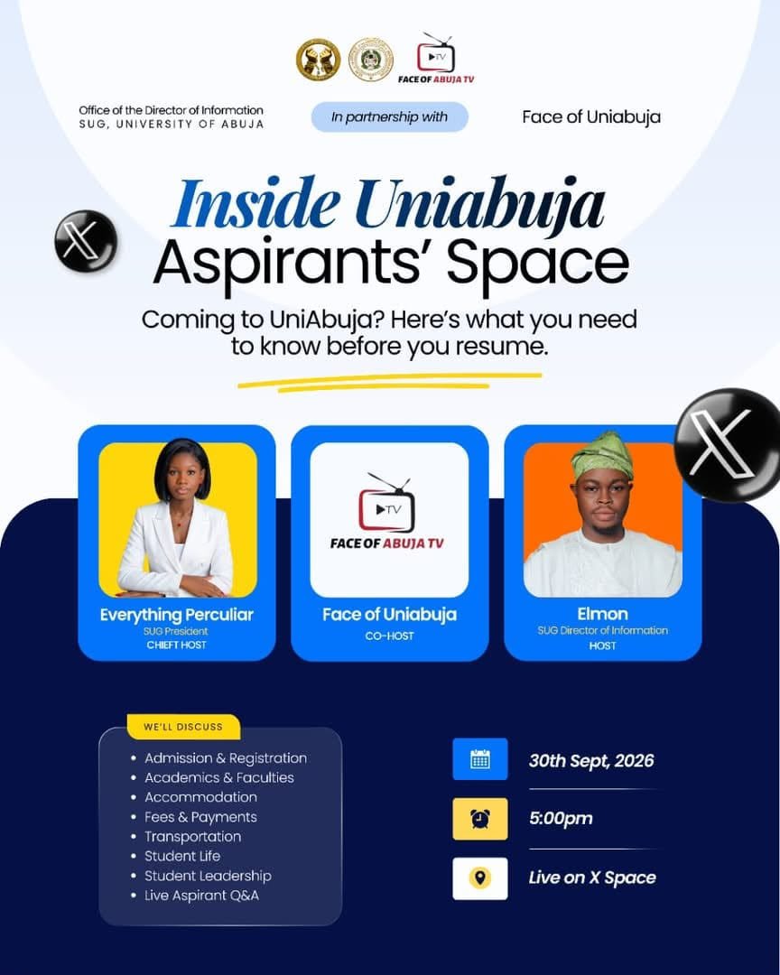 solotech2025's tweet photo. 🚨 UNIABUJA, WE’RE LIVE IN 1 HOUR! 🎙️

Aspirants, freshers, returning students, and the entire UniAbuja community — this one is for you!

In just 1 hour, we’re taking the conversation to X Spaces to discuss important admission information, how to avoid admission scams, what to do after receiving admission, and other things every prospective UniAbuja student needs to know.

🎓 If you’re an aspirant, you NEED to be there.
📢 If you’re already a student, join us and help spread the word.

🤝 Hosted by the Office of the Director of Information, SUG, University of Abuja, in partnership with Face of UniAbuja TV.

⏰ 1 HOUR TO GO!

🔔 Set your reminder.
📲 Get on X.
🎙️ Join the conversation.

Your UniAbuja journey starts with the right information. Don’t miss this! 🚀