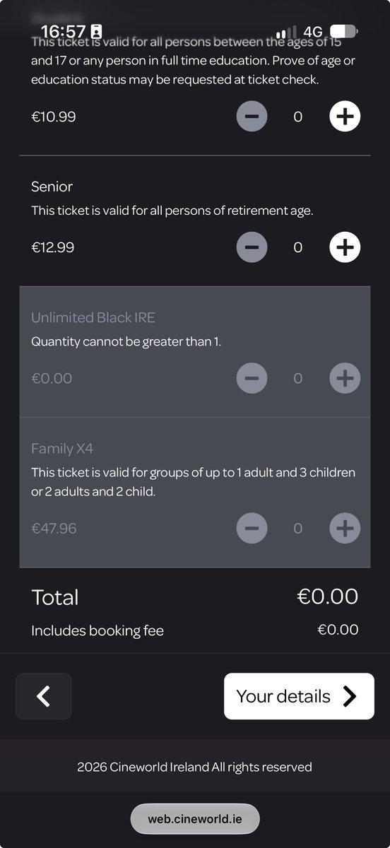 xavigar's tweet photo. @cineworld I’m unable to book tickets online with my unlimited card this week. The option appears greyed out. Are there any issues with the Irish website? https://t.co/M1Dxvvd2X5