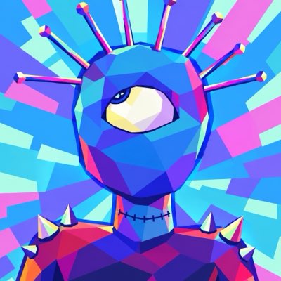 A vibrant digital painting depicts a stylized, geometric alien or monster character with a single large eye, spiked protrusions from its head, and a stitched mouth, set against a colorful striped background.