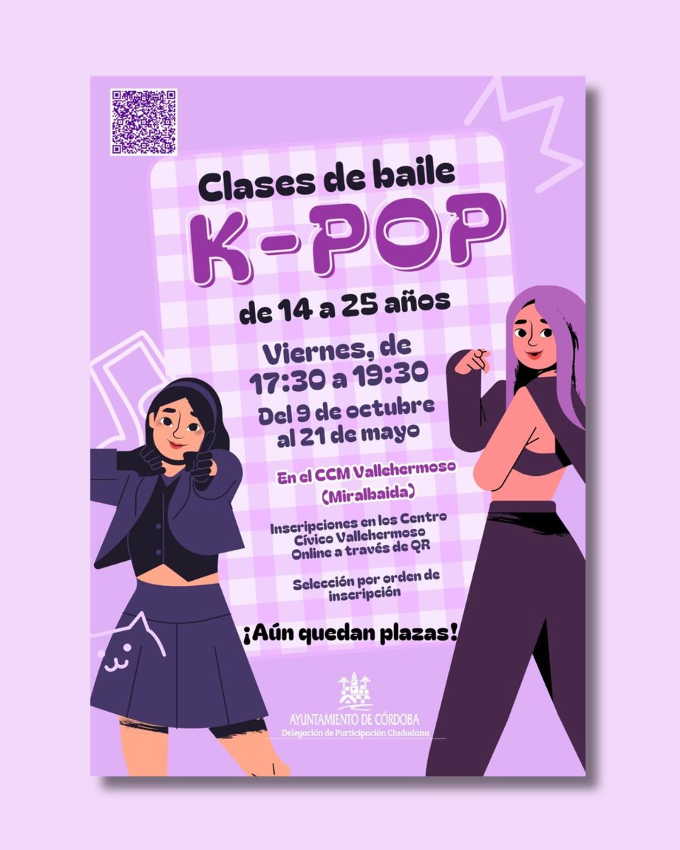 ParticipaCor's tweet photo. 🎶🕺 ¡Últimas plazas para el Taller de K-Pop en Poniente Norte! Ampliamos el plazo de inscripción para que no te quedes fuera de esta actividad juvenil.   ✍️ ¡Inscríbete ya y baila al ritmo de tu música favorita! 🙌✨ #PonienteNorte #Córdoba #HaciendoBarrio https://t.co/PTuSo5rCHO