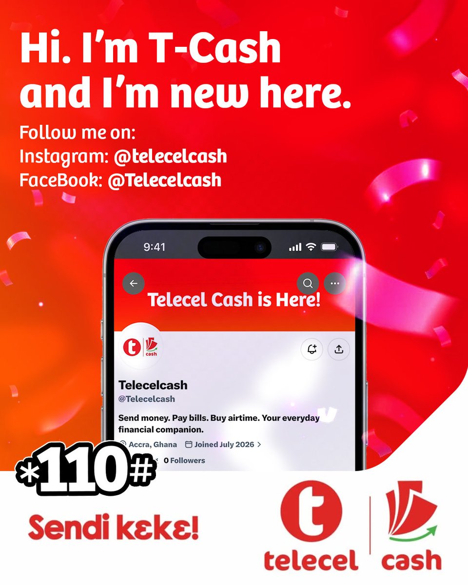 Telecelcash's tweet photo. T-Cash is officially here! ❤️📲
We’ve got a new home on social, and we’d love to have you with us. 👋🏾

Follow us for everything T-Cash from sending money and paying bills to buying airtime and more.

Hit Follow and let’s get started! 🚀

📲 *110#
Sendi kɛkɛ!

#TCash #TelecelGhana https://t.co/qa0OMdwLcw