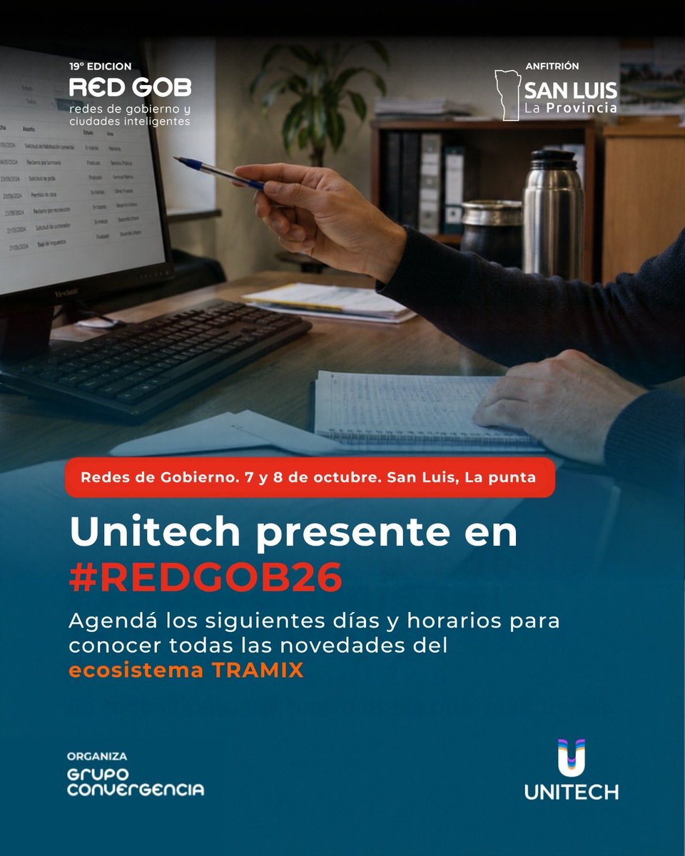 UnitechCorp's tweet photo. Unitech llega a #REDGOB26. 🏛️💡

En octubre, acompañanos en San Luis junto a nuestros referentes para conocer las novedades del ecosistema Tramix: la puerta de acceso a la gestión híbrida en el Estado. 

¡Te esperamos!

#REDGOB26 #Tramix https://t.co/251C9ZgAX3
