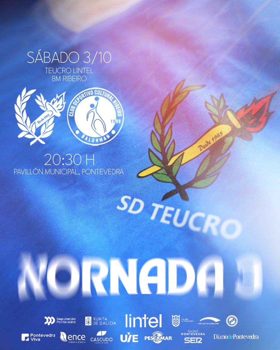 sdteucro's tweet photo. XORNADA 3 🔥 

Volvemos a casa. 

🗓️ Sábado 3/10 | 20:30h
🆚 BM Ribeiro
📍 Pavillón Municipal, Pontevedra

Precisamos o Municipal a rebentar outra vez. 

Imos, Teucro! 💙 

#TeucroLintel #ARenacenza https://t.co/L8g4gxM9u7