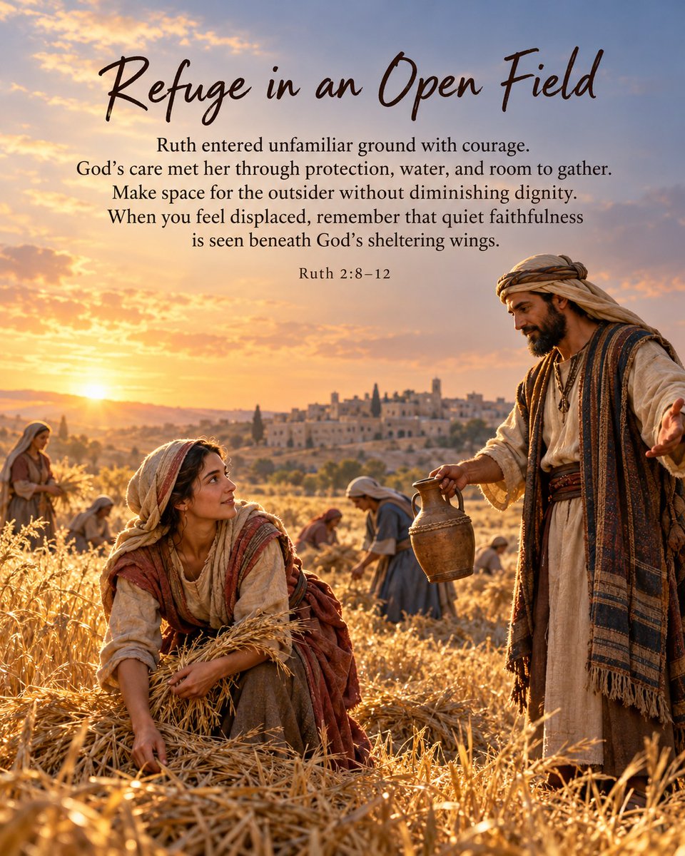HolyVersesOrg's tweet photo. Ruth 2:8–12 shows Ruth gathering leftover grain as a foreigner in an unfamiliar land. Boaz notices her faithfulness, protects her, gives her access to water, and speaks of the refuge she has found under the wings of the God of Israel.

God’s care often reaches us through ordinary https://t.co/vOPXJUBQsy