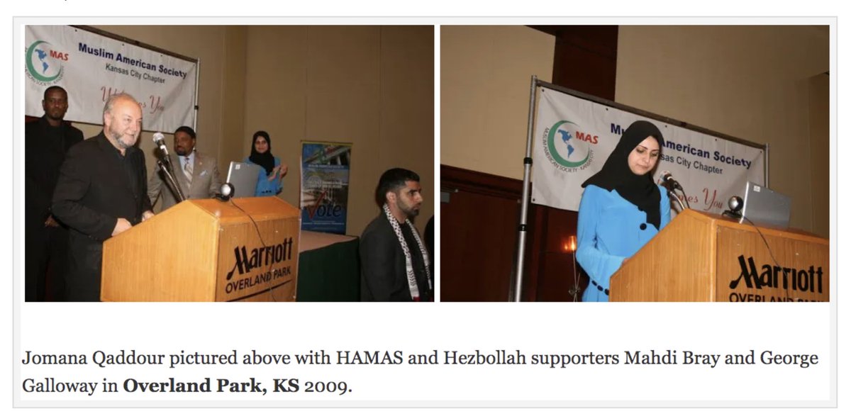 AmyMek's tweet photo. Take a look, America: here are the 2009 photos of Jomana Qaddour and Salah Sarsour together at a Muslim American Society (MAS) fundraiser in Overland Park, Kansas - the same radical circle tied to the Viva Palestina convoy effort.    

They don’t just appear in one old photo.   

They go way back.    

Their networks have overlapped for years -  right up until recent weeks through mutual associates like radical activist Celine Kasem.  

Is anyone investigating this!?

Did Jomana Qaddour disclose her father’s SETF board role and MAS leadership during her security clearance?