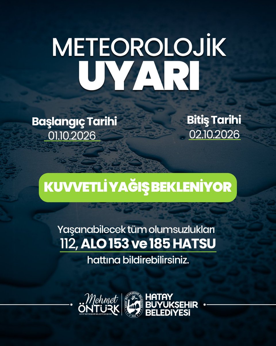 HatayBSB's tweet photo. Hatay’ımızın kıyı kesimlerinde kuvvetli sağanak ve gök gürültülü sağanak yağış bekleniyor.

Tüm ekiplerimizle teyakkuz hâlindeyiz.

Olası olumsuz durumlarda 112, Alo 153 ve HATSU 185 hatları üzerinden bizlere ulaşabilirsiniz. https://t.co/A8qaQFrpUy