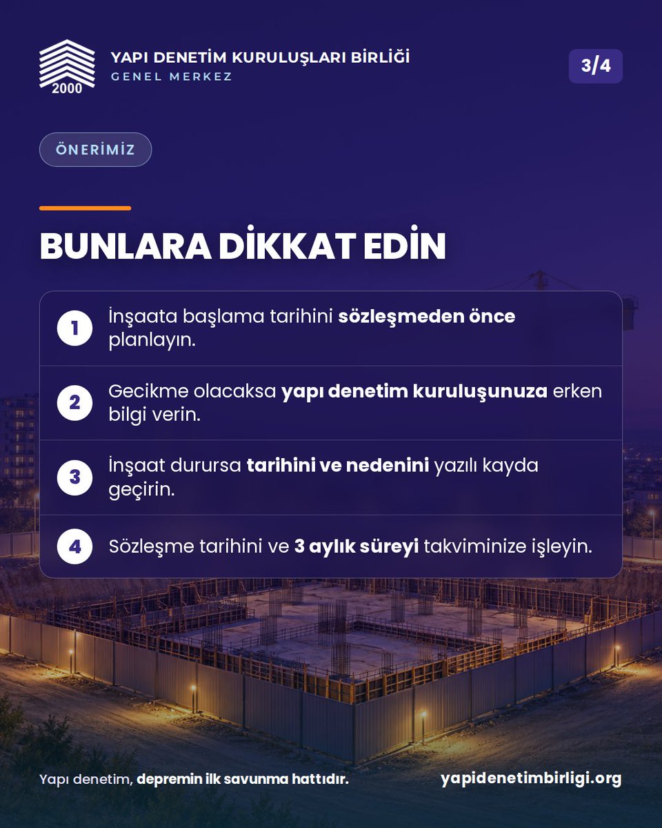 ydbirlik's tweet photo. 📍 TÜRKİYE | 30 Eylül 2026

Yapı sahiplerinin bilmesi gereken bir kural: Yapı denetimi hizmet sözleşmesi imzalandıktan sonra yapıya 3 ay süreyle başlanılmaması ya da başlanan inşaatın herhangi bir nedenle en az 3 ay süreyle devam etmemesi hâlinde sözleşme feshedilebilir.

⚖️ Sözleşmesi feshedilen yapıda ilgili idare, yeni yapı denetimi sözleşmesi imzalanana kadar yapının devamına izin vermez (Yapı Denetimi Uygulama Yönetmeliği m.23, 8. fıkra).

🏗 Yapı denetim kuruluşları bu süreçleri yakından takip eder, yapı sahiplerini süreç hakkında bilgilendirir ve olası hak kayıplarının önüne geçer.

📌 Önerimiz: İnşaata makul sürede başlanması, devam eden işlerde uzun duraklamalardan kaçınılması ve sözleşme/ruhsat sürecinin yapı denetim kuruluşuyla düzenli takip edilmesidir.

Yapı denetim, depremin ilk savunma hattıdır.

📖 Kaynak: Yapı Denetimi Uygulama Yönetmeliği m.21, 3. fıkra, (d) bendi; m.23, 8. fıkra.

Detaylar profildeki bağlantıda.

#YapıDenetim #YDKB #GüvenliYapılar #YapıSahibi

@murat_kurum @csbgovtr @yapi_isleri
@ramazanftoraman