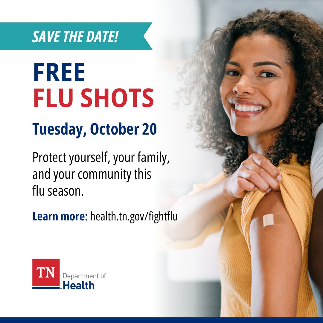TNDeptofHealth's tweet photo. Fight Flu is coming up Oct. 20!

Local county health departments statewide will offer free flu shots for Tennesseans ages 6 months+.

Help reduce the spread of flu with vaccination, handwashing, covering coughs &amp; staying home when sick.

https://t.co/ZSukGOu6KG

#FightFlu26 https://t.co/ynmJxbk443