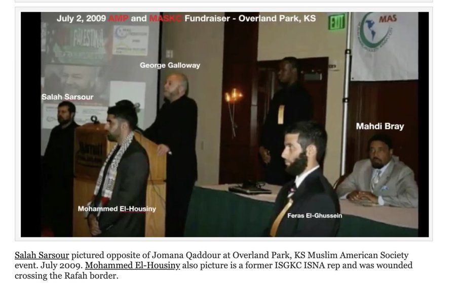 AmyMek's tweet photo. Take a look, America: here are the 2009 photos of Jomana Qaddour and Salah Sarsour together at a Muslim American Society (MAS) fundraiser in Overland Park, Kansas - the same radical circle tied to the Viva Palestina convoy effort.    

They don’t just appear in one old photo.   

They go way back.    

Their networks have overlapped for years -  right up until recent weeks through mutual associates like radical activist Celine Kasem.  

Is anyone investigating this!?

Did Jomana Qaddour disclose her father’s SETF board role and MAS leadership during her security clearance?