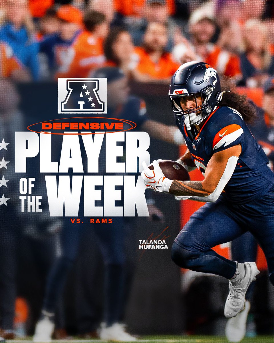 Broncos's tweet photo. No doubt about it. 💪

RT to congratulate @TalanoaHufanga on being named the AFC Defensive Player of the Week! https://t.co/w8mkeeDnto