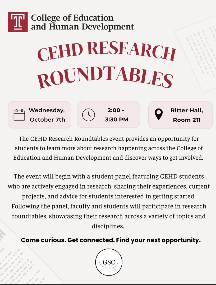 templecehd's tweet photo. 🔎 Curious about research happening across CEHD?

Join us for CEHD Research Roundtables on Wednesday, Oct. 7 from 2–3:30 p.m. in Ritter Hall, Room 211!

🎓 Student panel
💬 Research conversations
🤝 Networking + opportunities

 Find your next opportunity! https://t.co/qCDq7i6u4O