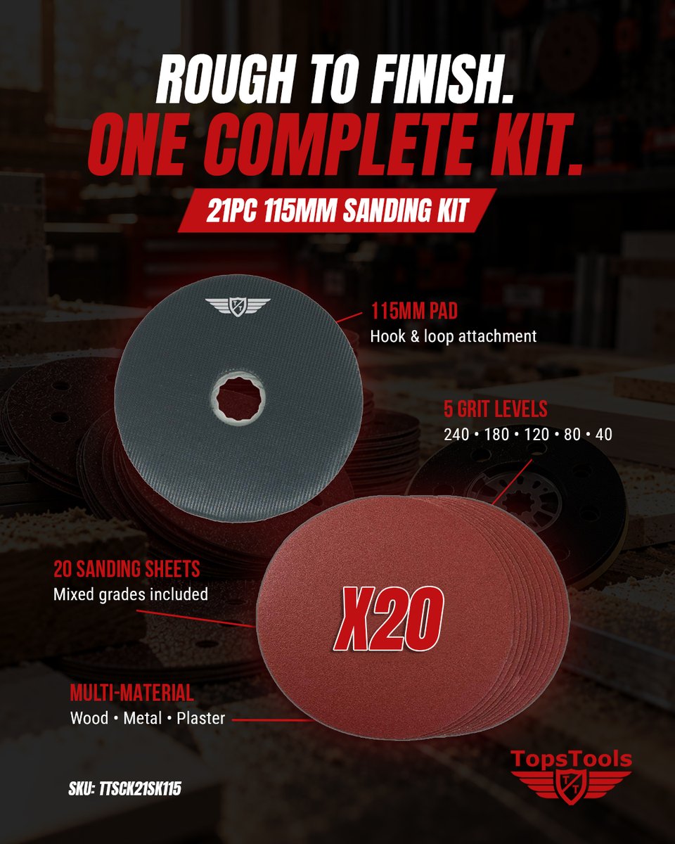 TopsTools's tweet photo. Rough to finish. One complete kit. 🔴
TopsTools 21pc 115mm Sanding Kit with 20 mixed-grit sanding sheets + hook &amp; loop pad.
40 • 80 • 120 • 180 • 240 grit
TTSCK21SK115
#TopsTools #Sanding #TradeTools https://t.co/0jiZLzZGFW