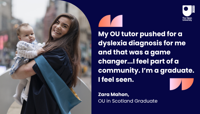 OUScotland's tweet photo. "My OU tutor pushed for a #dyslexia diagnosis for me and that was a game changer... I feel part of a community. I'm a graduate. I feel seen." 💙

From dedicated tutors to diagnostic support, we’re here to help you thrive.

Zara's story: https://t.co/Sj2O5AgFxS https://t.co/ODhSiWUtf4
