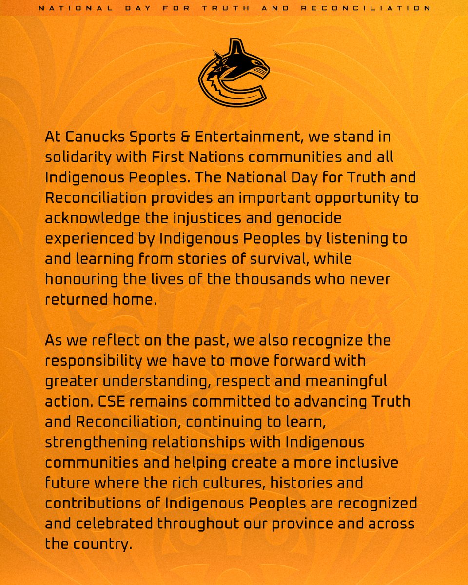 Canucks's tweet photo. Today, and every day, we stand with all First Nations to commemorate Truth &amp; Reconciliation.

We are honoured to work and play on the traditional ancestral &amp; unceded lands of the Musqueam, Squamish &amp; Tsleil-Waututh First Nations. https://t.co/aN5DVroLdE