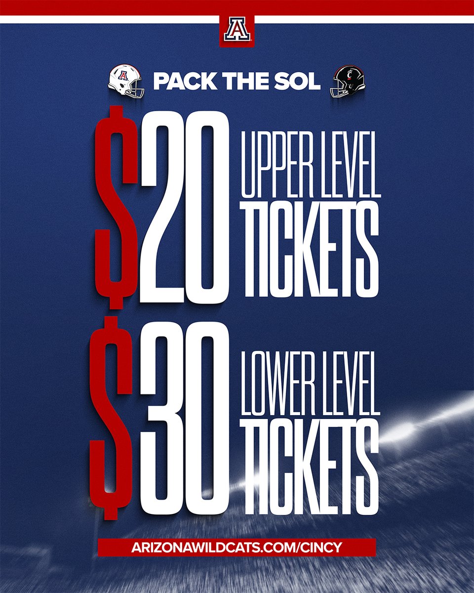 ArizonaFBall's tweet photo. 🚨𝗣𝗔𝗖𝗞 𝗧𝗛𝗘 𝗦𝗢𝗟🚨
𝟮𝟰 𝗛𝗢𝗨𝗥𝗦 𝗢𝗡𝗟𝗬

$20 UPPER LEVEL &amp; $30 LOWER LEVEL
https://t.co/ZuAzY3QmSr https://t.co/9SHd7y9fRN