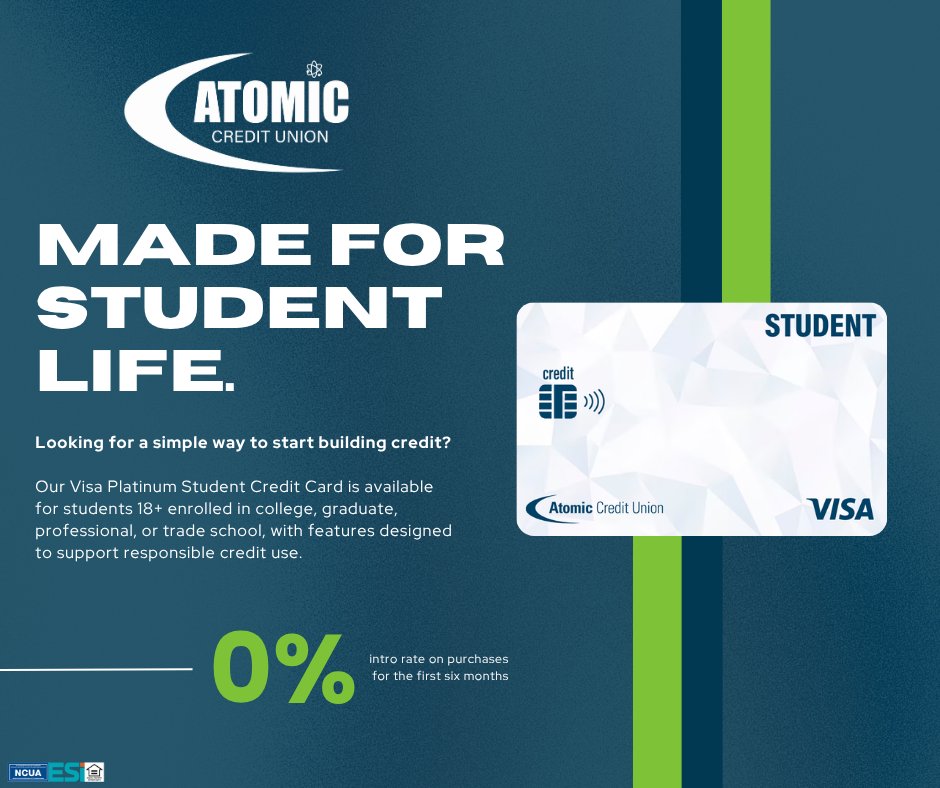 Atomic_CU's tweet photo. Student life comes with a lot of firsts—building credit can be one of the smart ones! Atomic’s Visa Platinum Student Credit Card is available for students 18+ enrolled in college, graduate, professional, or trade school.

Learn more: https://t.co/LJSqPKM413

Restrictions apply. https://t.co/sKPimjlh0Q