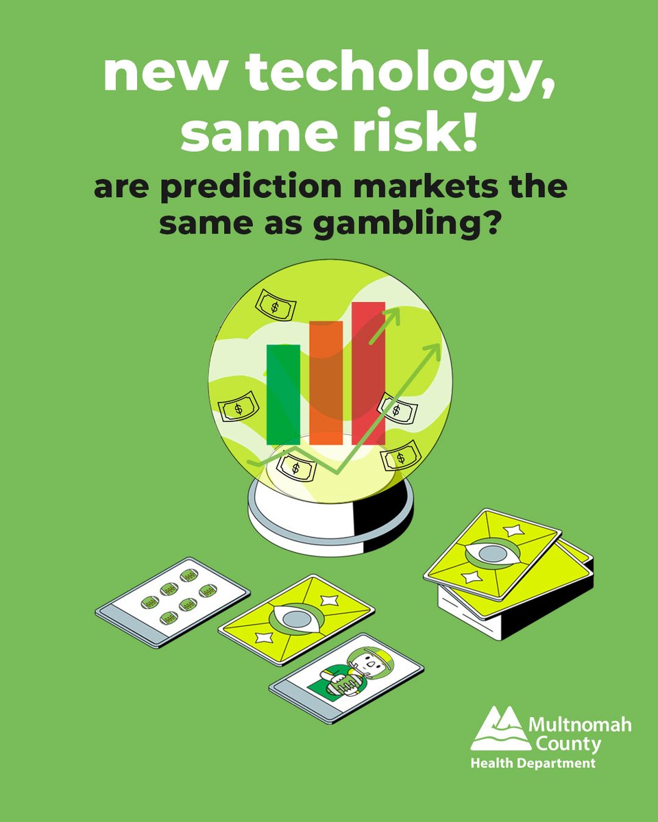 MultCoHealth's tweet photo. 🚨Gambling is changing!

📉What are prediction markets?

💲Prediction markets are part of a wave of financial, technological, and behavioral innovation that is changing how people move money, invest, speculate, and interact with risk. 

Why does this matter? New types of gambling may feel different from what we traditionally think of as “gambling.” Because of this, it is essential that we discuss our level of involvement and how these activities affect our emotional well-being.

🤔Pause and ask yourself, “Am I doing this for entertainment or am I trying to win back money, escape from stress or prove I can beat the odds?”

💬Open the conversation on gambling.

📞To learn more information about free and confidential counselors and other resources to help with anyone that experiences harm from their gambling, call: 1-877-MY-LIMIT, en Espanol 1-844-888-2537, or go to https://t.co/hV9TRBUrdK. 

This free support is also available for those affected by someone else’s gambling. Reach out today to find resources that are right for you.