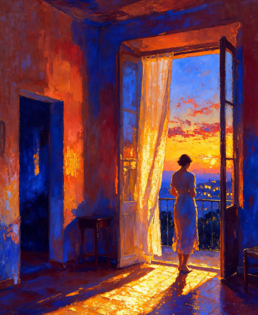 An impressionist-style painting depicts a woman in a white dress standing on a balcony at sunset, gazing out over a coastal landscape through sheer curtains.