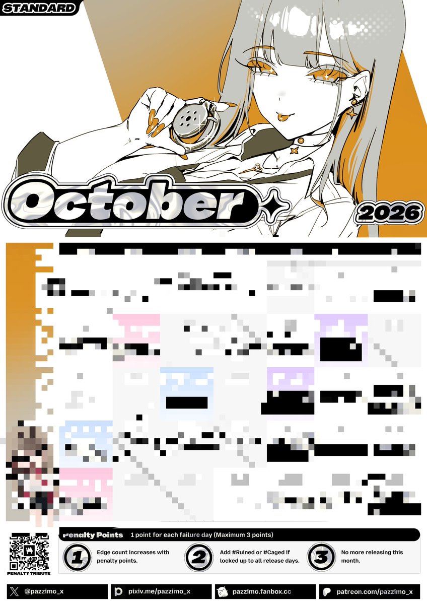 pazzimo_x's tweet photo. Beta Scheduler for October 2026 is now live on FANBOX and Patreon📆

Detailed gooning instructions for each day are available to paid members only. 

There're two difficulty versions depending on the number of release day. Choose whichever you prefer and aim to complete! https://t.co/rhAGKOlAu4