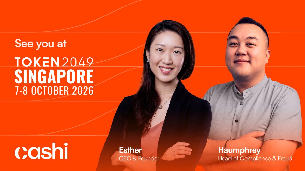 cashi's tweet photo. Singapore, we’re coming 🇸🇬 The Cashi team will be at TOKEN2049 Singapore on October 7–8. 

Meet @sterwong, our CEO, and Haumphrey, Head of Compliance, and come chat with us about what we’re building at Cashi.

See you in Singapore 👋 https://t.co/bWQYV2ed8w
