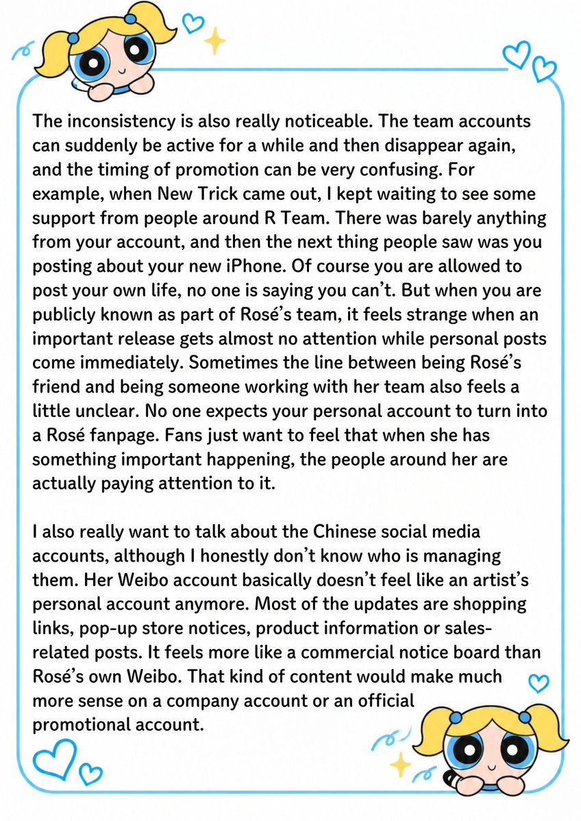 08_jis08's tweet photo. @numberoneHQ Hi Joan, please read all 6 pages. Honest feedback from Rosé fans,not hate 💗
@GeeeeRouz @tdwrd @THEBLACKLABEL @AtlanticRecords @WME Please read this too and pass it to the team in charge. https://t.co/4llKVBhydy