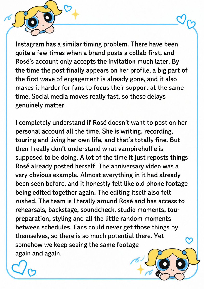 08_jis08's tweet photo. @numberoneHQ Hi Joan, please read all 6 pages. Honest feedback from Rosé fans,not hate 💗
@GeeeeRouz @tdwrd @THEBLACKLABEL @AtlanticRecords @WME Please read this too and pass it to the team in charge. https://t.co/4llKVBhydy