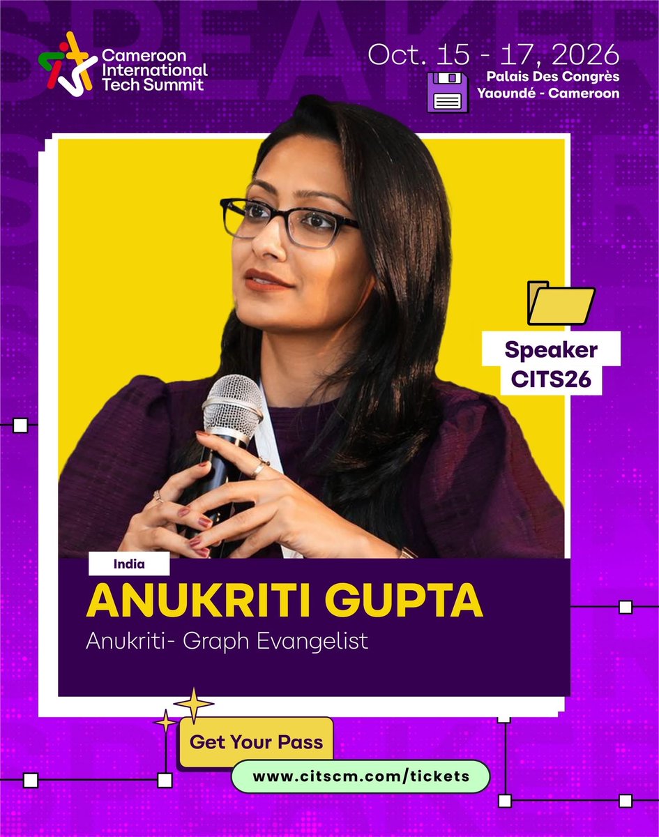 cits2026's tweet photo. AI is getting a new architecture.

We are proud to welcome Anukriti Gupta, Principal Consultant and Graph Evangelist, to the CITS26 Bold Stage.

15–17 October 2026
Palais des Congrès, Yaoundé

𝗚𝗲𝘁 𝘆𝗼𝘂𝗿 𝗽𝗮𝘀𝘀: https://t.co/0i7Dwipqnm https://t.co/t6oeyHxqCf