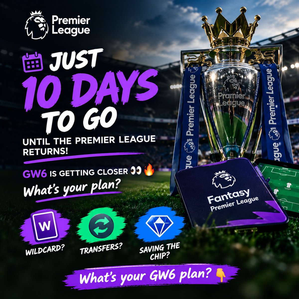 HangawFPL's tweet photo. ⏳ Just 10 days to go until the Premier League returns!

GW6 is getting closer 👀🔥
What’s your plan?

🃏 Wildcard?
🔄 Transfers?
💎 Saving the chip?

What’s your GW6 plan? 👇 https://t.co/aK28LQMm4j