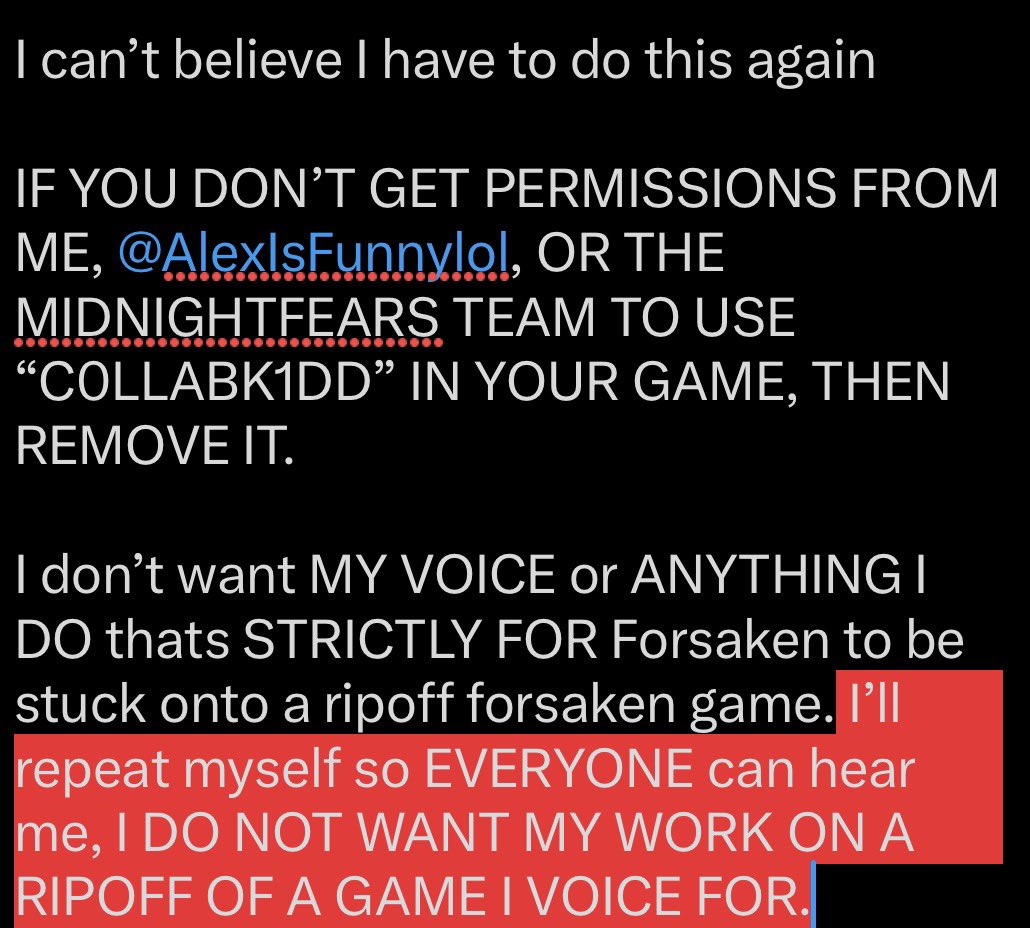 PiiT_VA's tweet photo. Hi, C0llabk1dd Voice Actor from Forsaken here. 

I can’t find the owners on here so I’ll just make this tweet. I am VERY serious about my work being stolen and being put in places it shouldn’t belong. 

(This has happened multiple times)

#Forsakentwt #Forsaken #c00lkidd https://t.co/aCiZDY0JQ0