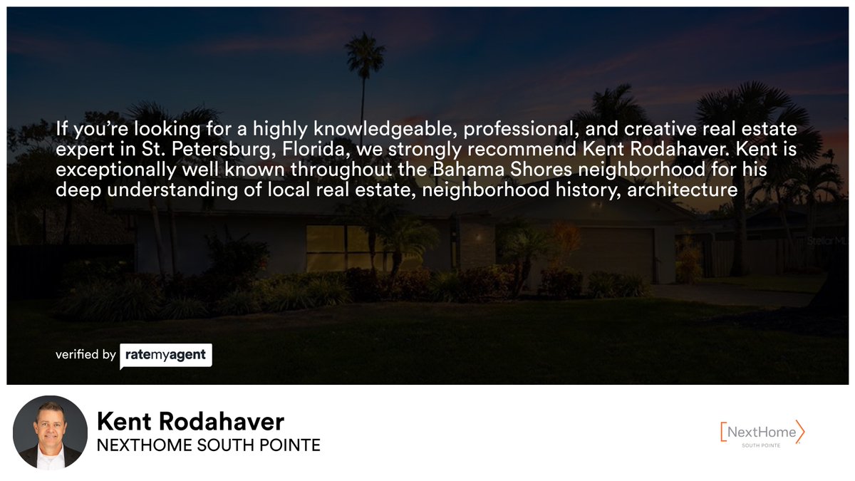 SunshineBayLife's tweet photo. My latest RateMyAgent review in St. Petersburg.
https://t.co/lXEntHbZ5e

...
#RateMyAgent #RealEstate #NextHomeSouthPointe #KentRodahaver #Renowned #StPeteRealEstateExpert https://t.co/G4QkajX28b